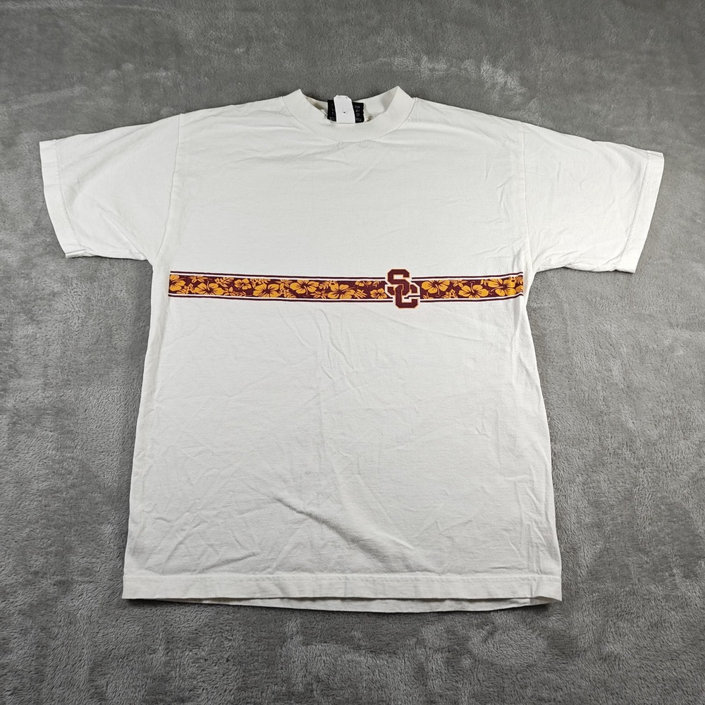 Vintage USC Trojan Shirt Mens Medium White Aloha Hawaiian Floral Hibiscus